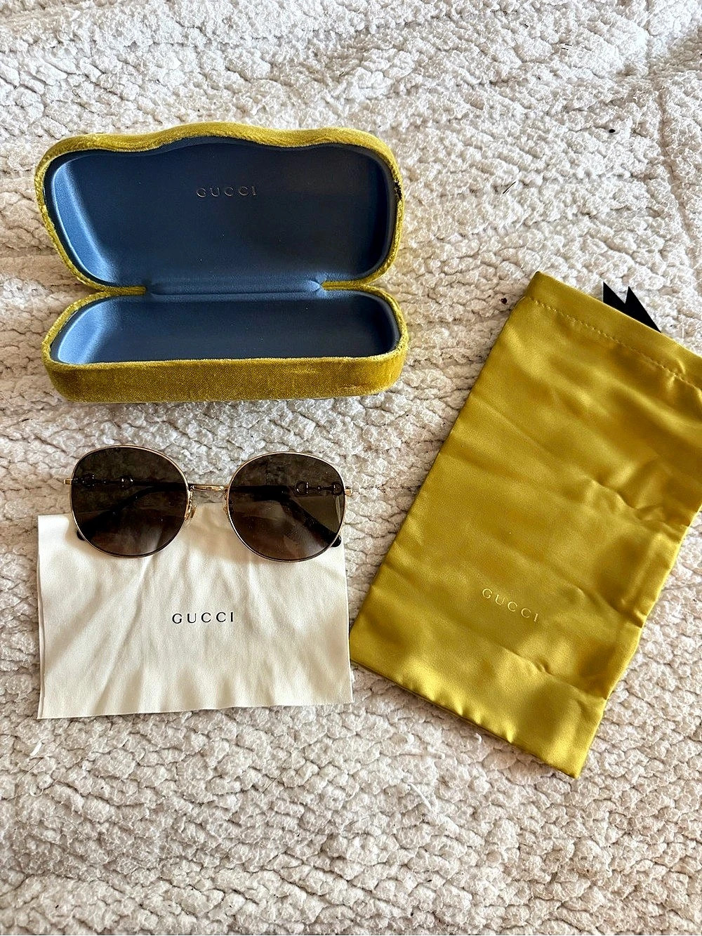 Auth Gucci Horsebit Round Brown & Gold Sunglasses, Velvet Case & Accessories